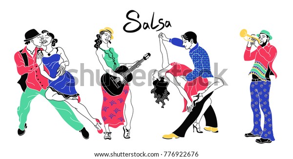 Salsa party poster.Set of couple dancing\
salsa.Retro style.Silhouettes of people dancing and musicians\
playing latin music.Cuba club.Salsa background.Trumpeter and\
guitarist. Salsa dance\
vector