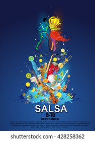 The salsa party poster. The vector background of salsa dance. The salsa sport banner. Advertisement of the salsa dance. The social dance.