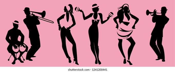 Salsa Party Time. Group of three girls dancing latin music and three musician playing bongos, trumpet and trombone.  