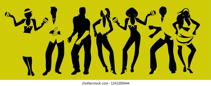 Salsa Party Time. Group of three men and four women dancing latin music. Two girls playing maracas and man playing the Claves. 