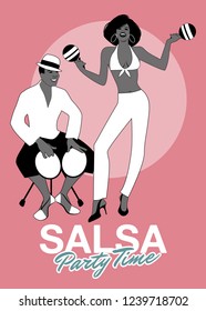 Salsa Party Time. Young man playing bongos and beautiful woman dancing and playing maracas