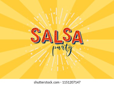 Salsa party vector logotype. Yellow rays background.  Poster for dance party, cards, banners, t-shirts, dance studio. 