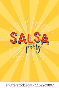 Salsa party vector logotype. Yellow rays background.  Poster for dance party, cards, banners, t-shirts, dance studio. 