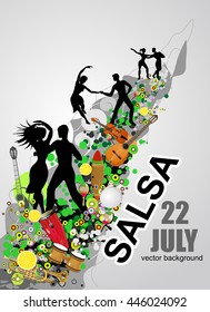 The salsa poster. The background of salsa dance. The salsa sport banner. Advertisement of the salsa dance. The social dance.