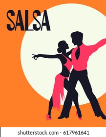 Salsa Poster. Elegant couple dancing salsa. Retro style