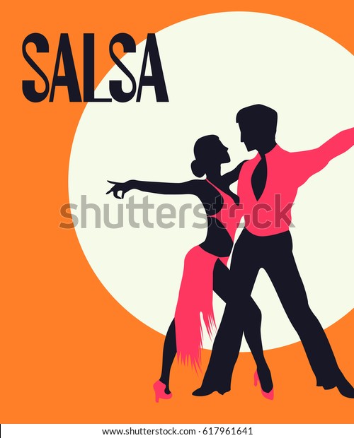 Salsa\
Poster. Elegant couple dancing salsa. Retro\
style