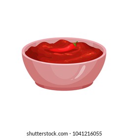 Salsa with red-hot chili pepper in ceramic dip bowl. Traditional piquant sauce of Mexican cuisine. Thick spicy liquid served with food. Colorful flat vector design