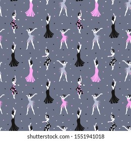 Salsa, rumba, flamenco ballroom women dancers seamless pattern 