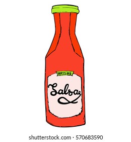 Salsa sauce bottle with hand drawn letters. Hot spicy dressing jar. Vector illustration.