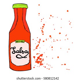 Salsa sauce bottle with splashes and hand drawn letters. Hot spicy red dressing jar. Vector illustration.