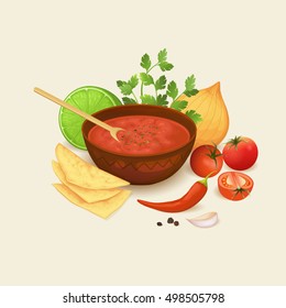 Salsa sauce and ingredients:cherry tomatoes, chili pepper, onion, garlic,cilantro and lime. Vector illustration. svg