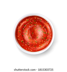 Salsa sauce in porcelain saucer, mexican sauce for snacks, vector illustration.