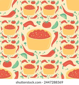 Salsa sauce seamless pattern. Mexican cuisine repeat background. Salsa rojo red endless cover. Vector flat hand drawn illustration.