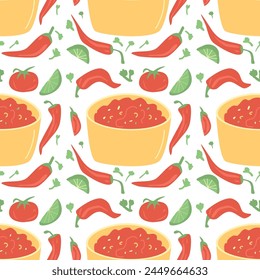 Salsa sauce seamless pattern. Mexican cuisine repeat background. Salsa rojo red endless cover. Traditional mexican food with tomato, pepper lime for snack loop ornament. Vector flat illustration.