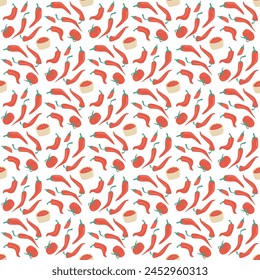 Salsa sauce seamless pattern. Mexican cuisine with pepper and tomato repeat background. Salsa rojo red endless cover. Vector flat hand drawn illustration.