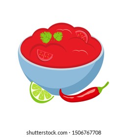 Salsa sauce with tomato slice, chili pepper and lime slice vector illustration isolated on white background. Mexican salsa dip. bowl of tomato salsa.
