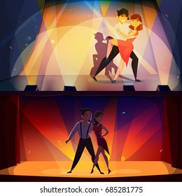 Salsa and tango onstage 2 retro cartoon banners with dancing pairs in spotlights nostalgic poster isolated vector illustration 