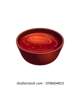 Salsa Tomato Ketchup In Bowl, Plate With Red Paste Isolated Icon. Vector Plate With Tomato Hot Chili Spicy Snack. Sauce-boat Portion, Bbq Catchup. Food Condiment, Seasoning, Sour Sweet Sauce On Plate