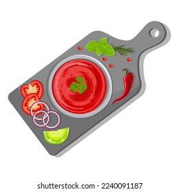 Salsa with tomato ketchup in a plate. Vector plate with tomato spicy snack with chili pepper and lime. Latin American cuisine. Salsa sauce.