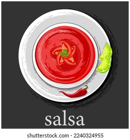 Salsa with tomato ketchup in a plate. Vector plate with tomato spicy snack with chili pepper and lime. Latin American cuisine. Salsa sauce.