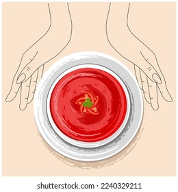 Salsa with tomato ketchup in a plate. Vector plate with tomato spicy snack with chili pepper and lime. Latin American cuisine. Salsa sauce.