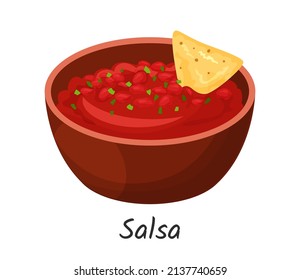 Salsa tomato sauce in bowl, plate with red paste. Traditional mexican cuisine sauce. Plate with tomato hot chili spicy snack. Vector illustration icon for menu on white background.