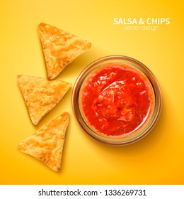 Salsa And Tortilla Chips Laying On Yellow Background, 3d Illustration