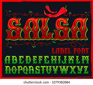 Salsa typeface. Vector hand crafted font for label design in traditional Mexican style.