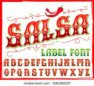 Salsa typeface. Vector hand crafted font for label design in traditional Mexican style.