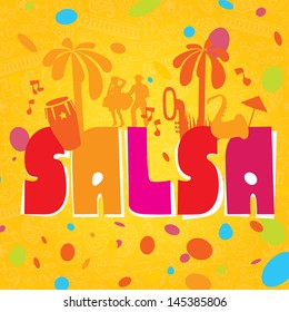 Salsa vector lettering with silhouettes of palms, musical instruments and confetti. Modern illustration and design element. Background for poster, banner of party os school