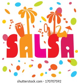 Salsa vector lettering with silhouettes of palms, musical instruments and confetti. Modern illustration and design element. Background for poster, banner of party os school