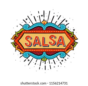 Salsa vector logotype. Coloful festive frame background. Poster for dance party, cards, banners, t-shirts, dance studio.