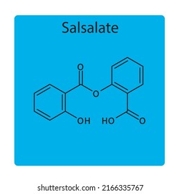 Salsalatmolekulare Struktur, flache skelettale chemische Formel. Nicht-steroidales Arzneimittel zur Behandlung von rheumatoider Arthritis, Osteoarthritis, rheumatischen Erkrankungen. blauer Hintergrund, Vektorgrafik.