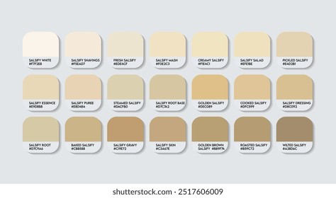 Paleta de cores de Salsificação, Paleta de guias de cores de Salsificação com nomes de cores. Catálogo Amostras de creme com códigos RGB HEX. plástico, tinta, variações de creme natural, moda tendência Salsify tons de sombra de cor