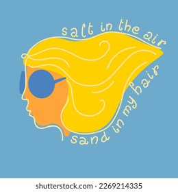 Salz in der Luft, Sand in meinen Haaren. Handgezeichneter Strandslogan. Für T-Shirt-Druck, Poster, Aufkleber, Grußkarte etc.