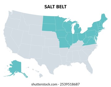 Salt Belt dos Estados Unidos, mapa político. Região dos EUA em que o sal rodoviário é usado no inverno para controlar a neve e o gelo. Outros estados também são considerados parte, mas usam substâncias menos corrosivas.