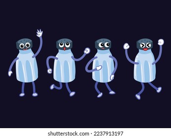 Salt bottle character vector mascot illustration isolated on dark background set collection. Cartoon comic drawing with simple flat art style and color.