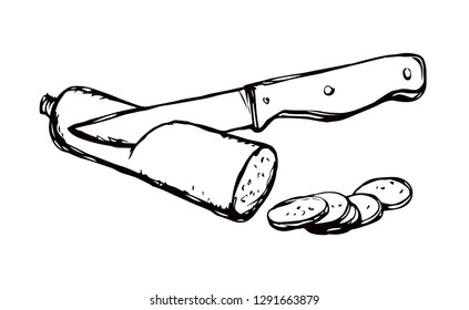 Salt butcher pig cervelat kielbasa bratwurst on white picnic backdrop. Freehand outline black ink hand drawn butchery shop menu emblem logo in retro doodle engraved style pen on paper space for text