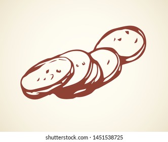 Salt butcher pig cervelat kielbasa bratwurst on white picnic backdrop. Freehand outline black ink hand drawn butchery shop menu emblem logo in retro doodle engraved style pen on paper space for text