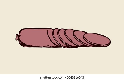 Salt butcher pig cervelat kielbasa bratwurst on white picnic backdrop. Freehand outline black ink hand drawn butchery shop menu emblem logo in retro doodle engraved style pen on paper space for text