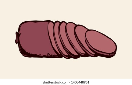 Salt butcher red pig cervelat kielbasa bratwurst in brown wrap on white picnic backdrop. Bright pink color hand drawn fresh butchery shop menu emblem logo sign in retro doodle style with space for tex