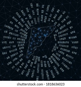 Salt Cay, Turks Islands digital map. Binary rays radiating around glowing island. Internet connections and data exchange design. Vector illustration.