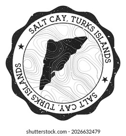Salt Cay, Turks Islands outdoor stamp. Round sticker with a map of the island featuring topographic isolines. Vector illustration.