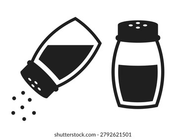 Salt cellar vector icons set isolated on white background. Simple flat illustration of salt shaker pictogram, black silhouette of clear glass saltcellar, seasoning symbol. Abstract creative web design element for restaurant menu, poster, flyer, leaflet, booklet etc.