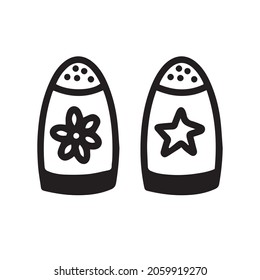 Salt cellars and peppers, a set of kitchen utensils, kitchen utensils, ceramic dishes with patterns for cooking, logo icon, doodle vector illustration.