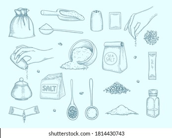 Collection de sel. Ingrédient pour les mains de nourriture avec des ustensiles de cuisine pour la préparation de nourriture poivrons image vectorielle ensemble dessiné à la main