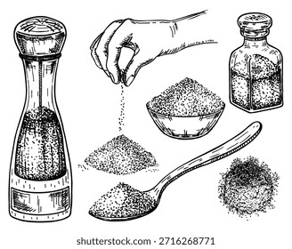 Colección de sal aislada sobre fondo blanco. Mano con sal, manos gesto salazón de alimentos. Salero. Boceto de recipientes de especias. Cuchara con sal. Conjunto de ilustraciones dibujadas a mano de Vector. Cocción