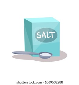 Salt in a craft paper bag and spoon, baking ingredient vector Illustration on a white background