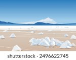 Salt desert. Vector illustration of a landscape of a salt desert, a dried up salt lake, with white rocks and cracked soil. Beautiful landscape of amazing nature.