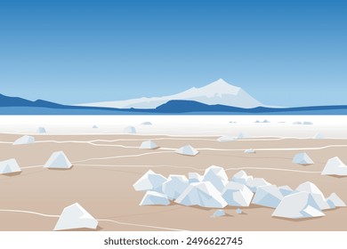 Salt desert. Vector illustration of a landscape of a salt desert, a dried up salt lake, with white rocks and cracked soil. Beautiful landscape of amazing nature.